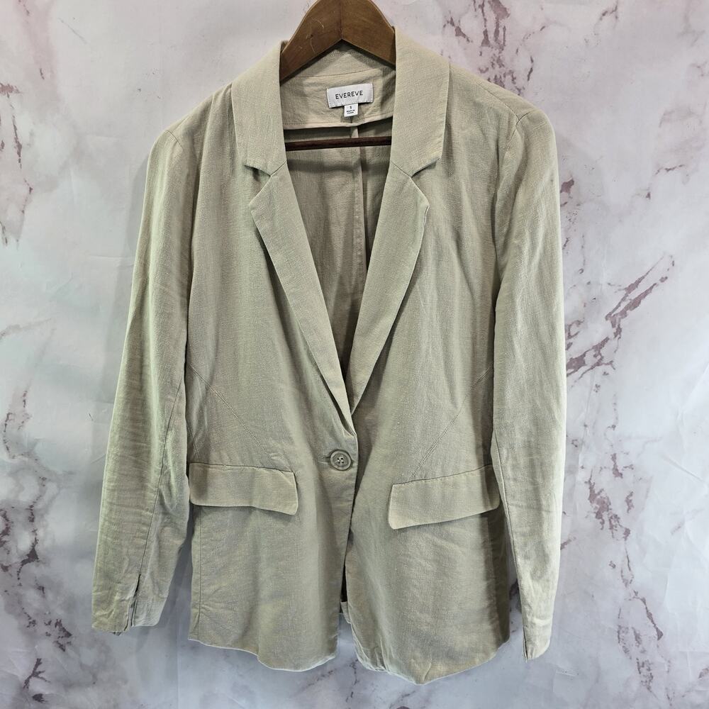 Evereve Blazer Womens Small Beige Tan Linen Blend Jacket One Button Summer